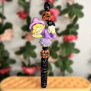 Halloween Sleepy Witch Purple and Black Rhinestone Handmade Beaded Pen